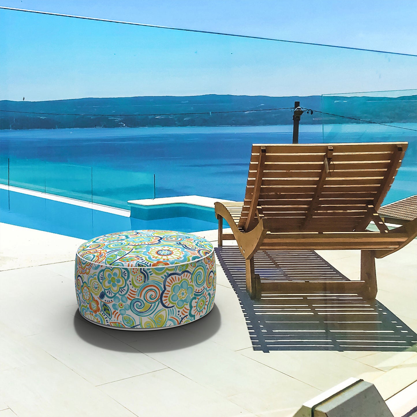 Melody Elephant Patio Inflatable Ottoman, 21x9 Inch Portable Stool Ottoman with Handle, Outdoor Round Footrest Stool for Garden Camping, Flower Blue