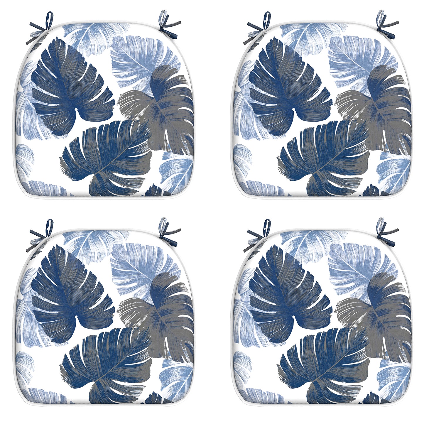 Melody Elephant Outdoor Chair Cushions Set of 4, Water Resistant Patio Chair Pads with Ties, Seat Cushions for Home Garden Furniture Decoration, 16”x17”,  Monstera Blue