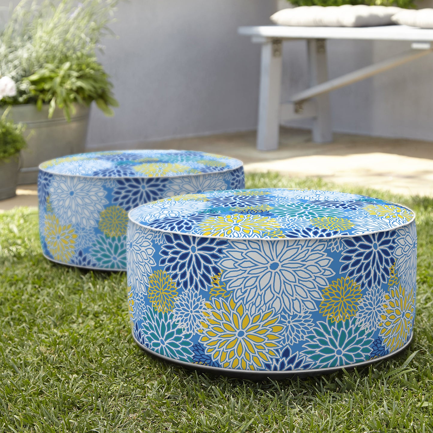 Melody Elephant Patio Inflatable Ottoman, 21x9 Inch Portable Stool Ottoman with Handle, Outdoor Round Footrest Stool for Garden Camping, Dahlia Blue