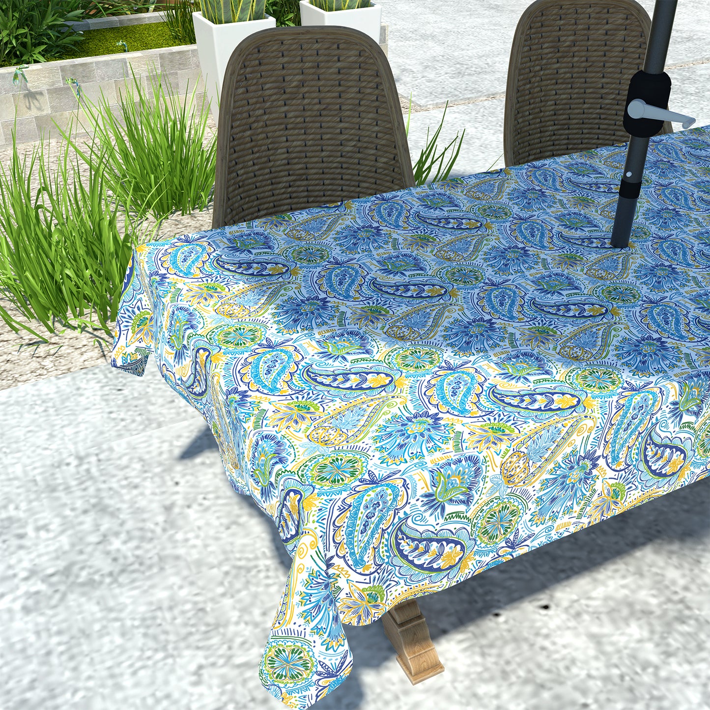 Melody Elephant Outdoor Rectangle Tablecloth, 60×84 Inch Water Repellent Picnic Table Cover with Umbrella Hole Zipper for Patio Family Meal, Blue Paisley