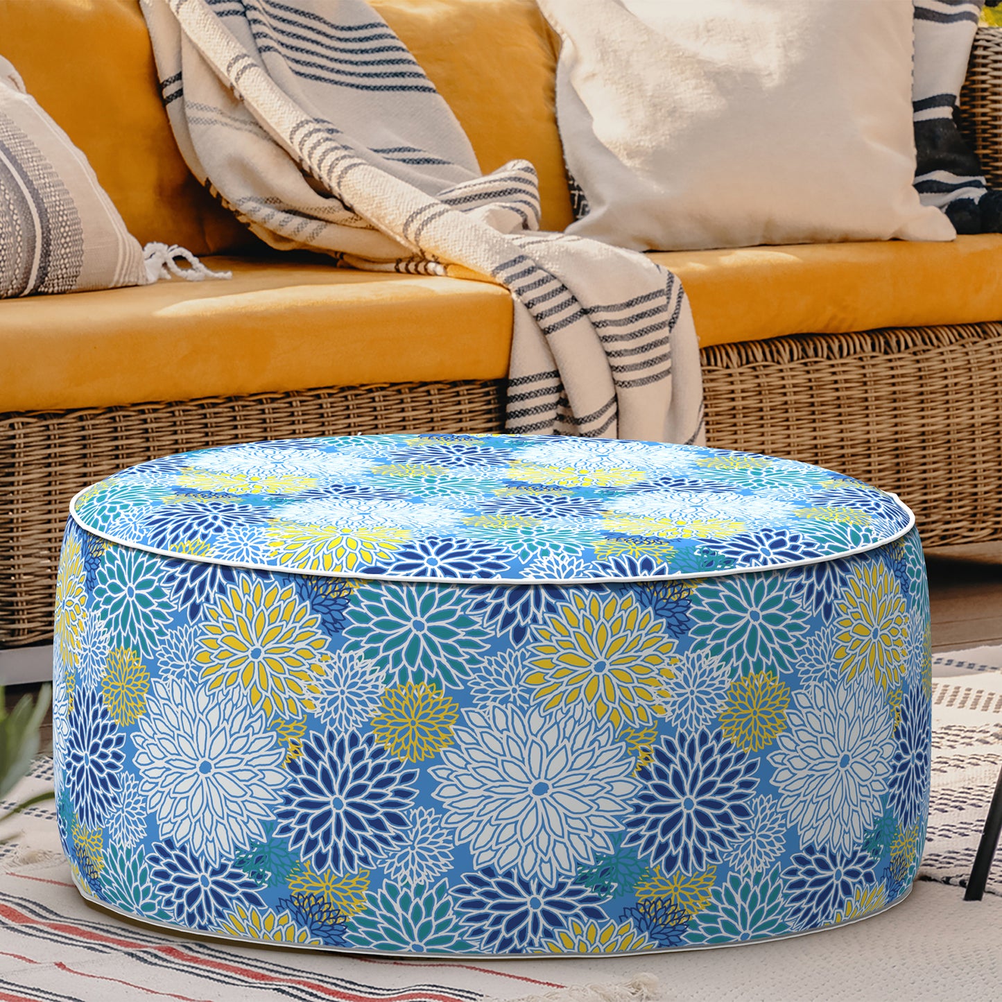 Outdoor Inflatable Stool Ottoman, All Weather Portable Footrest Stool, Furniture Stool Ottomans for Home Garden Beach, D31”xH14”, Dahlia Blue