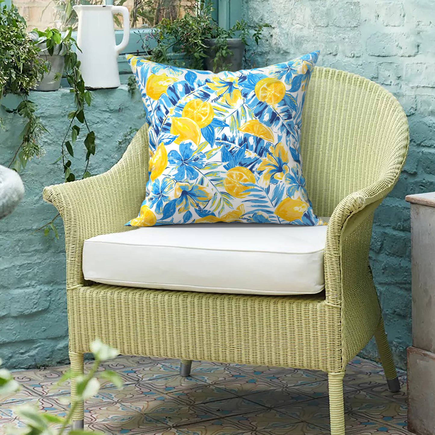 Melody Elephant Pack of 2 Patio Throw Pillow Covers ONLY, Water Repellent Cushion Cases 20x20 Inch, Square Pillowcases for Outdoor Couch Decoration, Lemon Blossom Blue