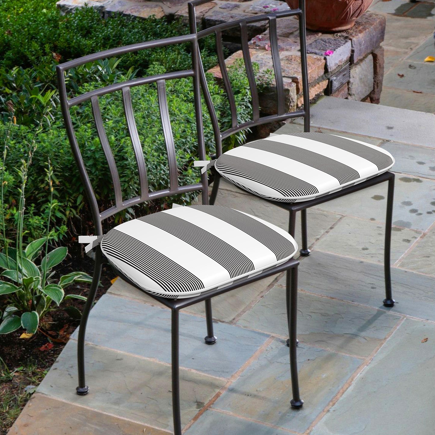 Melody Elephant Outdoor Chair Cushions Set of 4, Water Resistant Patio Chair Pads with Ties, Seat Cushions for Home Garden Furniture Decoration, 16”x17”,  Stripe Cabana Black