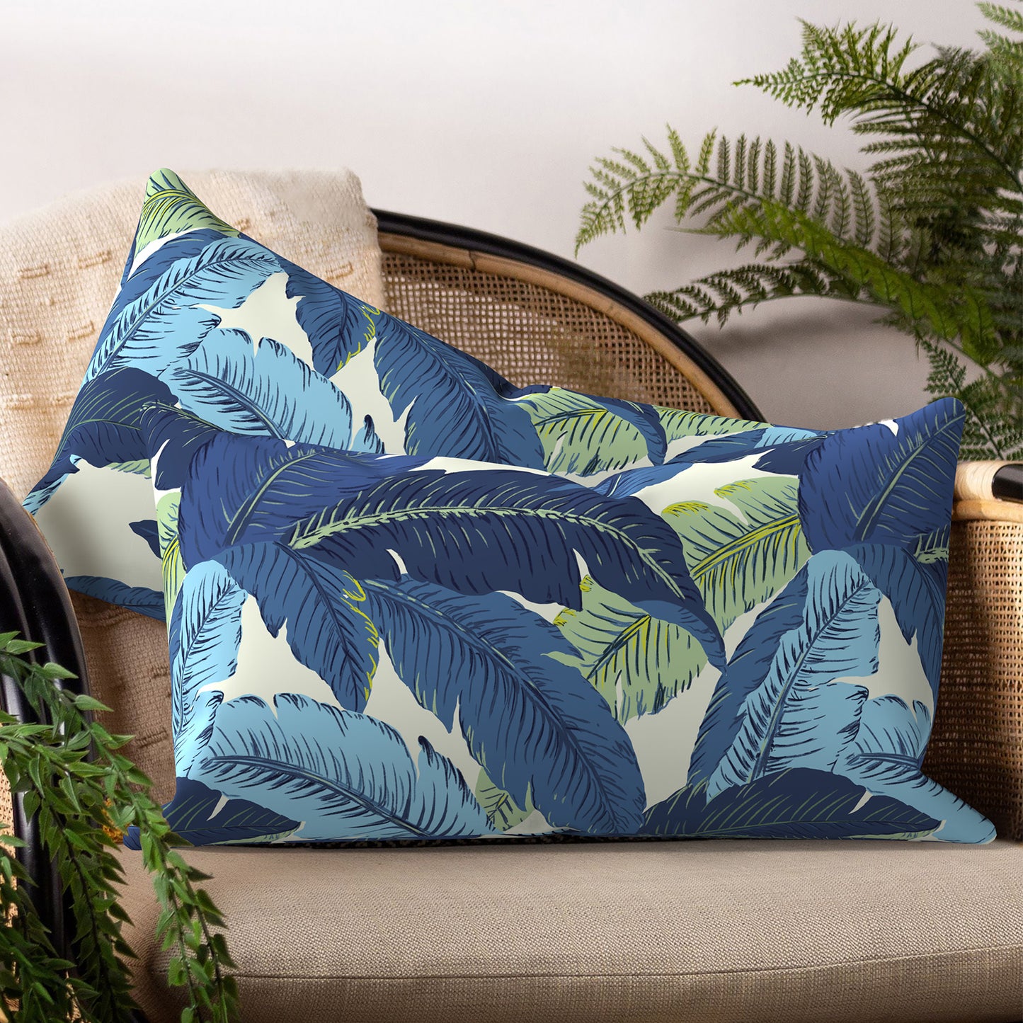 Melody Elephant Pack of 2 Outdoor Lumbar Pillow Covers, All Weather Cushion Pillow Cases 12x20 Inch, Pillowcase for Patio Couch Decoration, Swaying Palms Blue