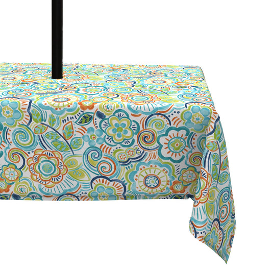 Melody Elephant Outdoor Rectangle Tablecloth, 60×84 Inch Water Repellent Picnic Table Cover with Umbrella Hole Zipper for Patio Family Meal, Flower Blue