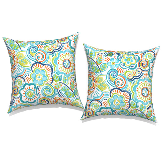 Melody Elephant Pack of 2 Patio Throw Pillow Covers ONLY, Water Repellent Cushion Cases 20x20 Inch, Square Pillowcases for Outdoor Couch Decoration, Flower Blue