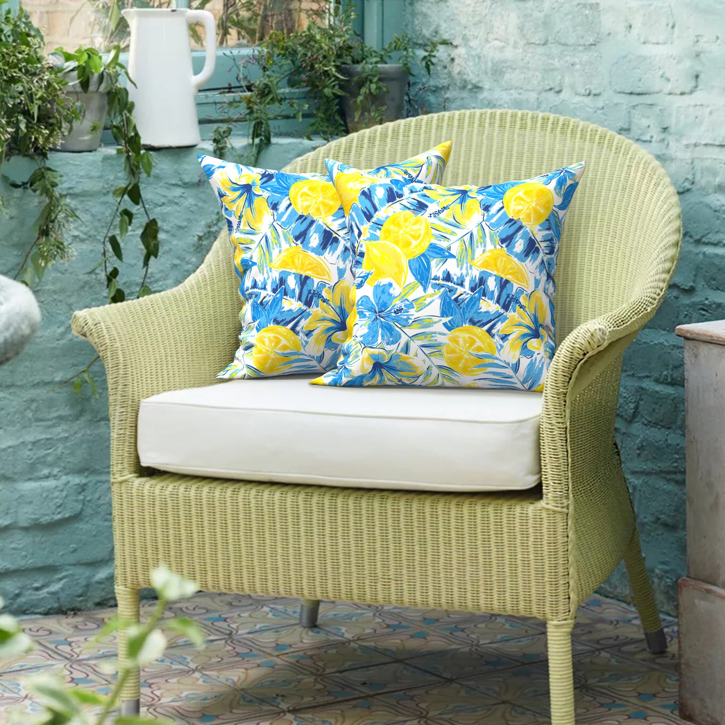 Melody Elephant Outdoor/Indoor Throw Pillow Covers Set of 2, All Weather Square Pillow Cases 16x16 Inch, Patio Cushion Pillow of Home Furniture Use, Lemon Blossom Blue